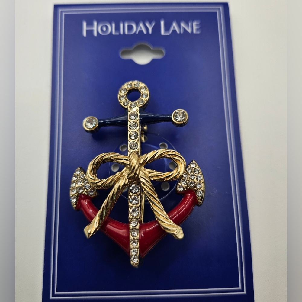 Holiday Lane Anchor Brooch Pin Gold Tone Red Navy Enamel Rhinestone Nautical Bow